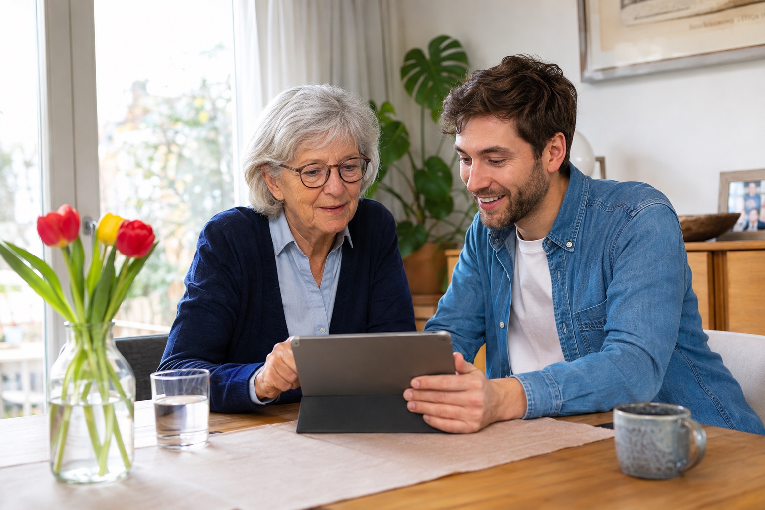 KI-Symbolbild: Eine Frau und ein Technikhelfer schauen gemeinsam auf ein Tablet; keine tatsächlichen Kunden oder Mitarbeiter.